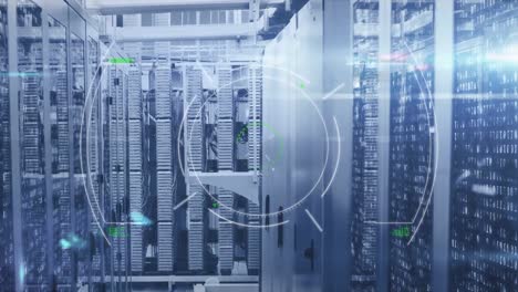 animation of scope scanning and data processing over tech room with computer servers