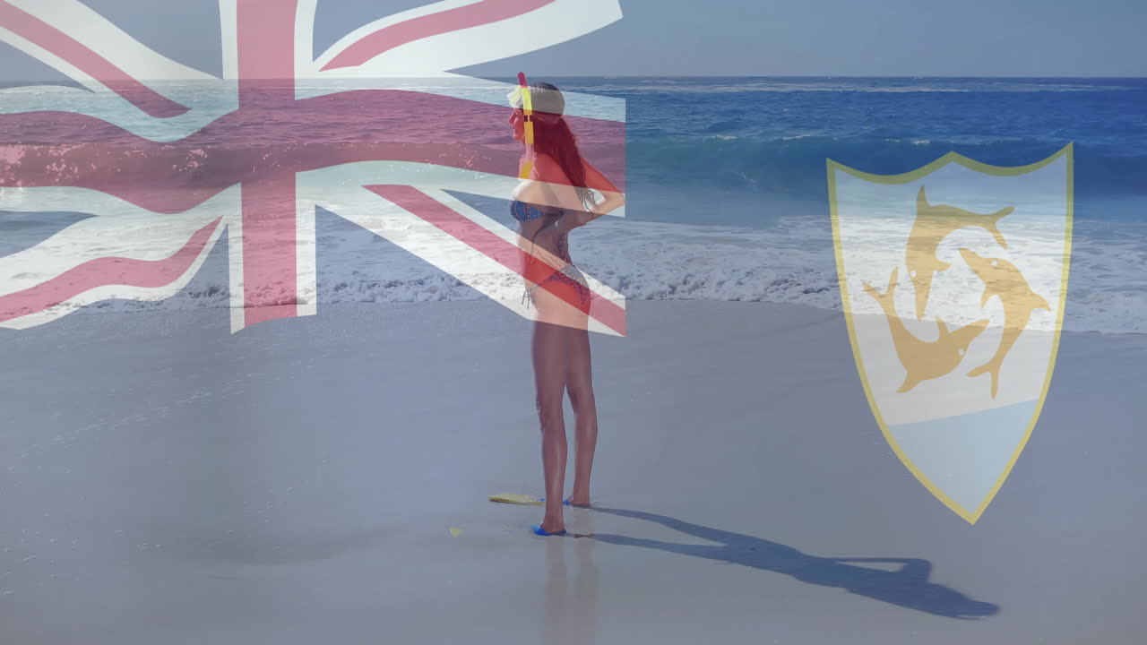 Standing on beach, woman with British and Anguilla flags animation overlay