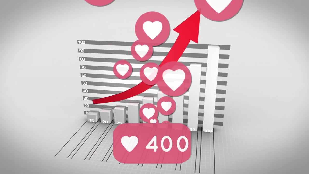 múltiples iconos de corazón flotando contra el procesamiento de datos estadísticos sobre un fondo gris