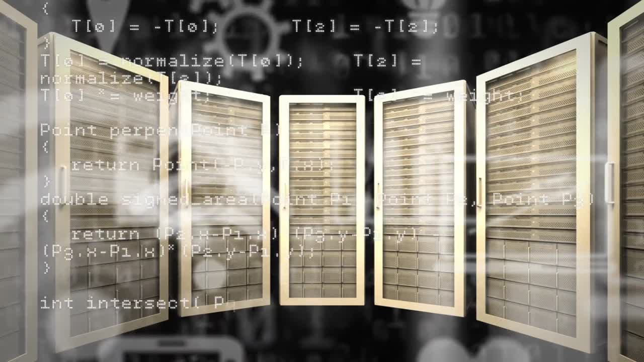 Animation of data processing and media icons over server room