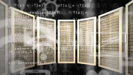animation of data processing and media icons over server room