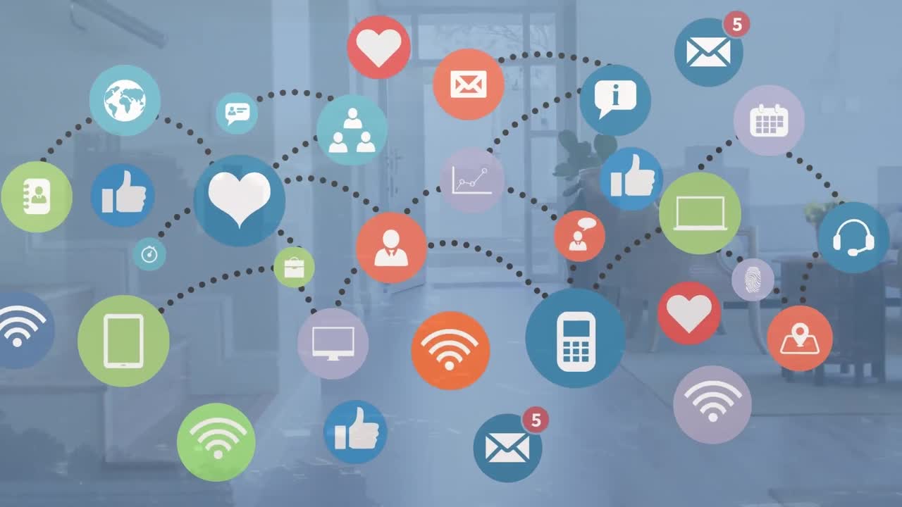 animación de una red de iconos digitales contra el interior de una sala de estar.