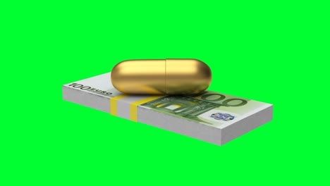 la animación en 3d de la píldora de oro gira sobre los billetes de euro en una pantalla verde.