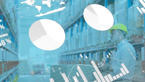 animation of statistics and data processing over man using tablet working in warehouse
