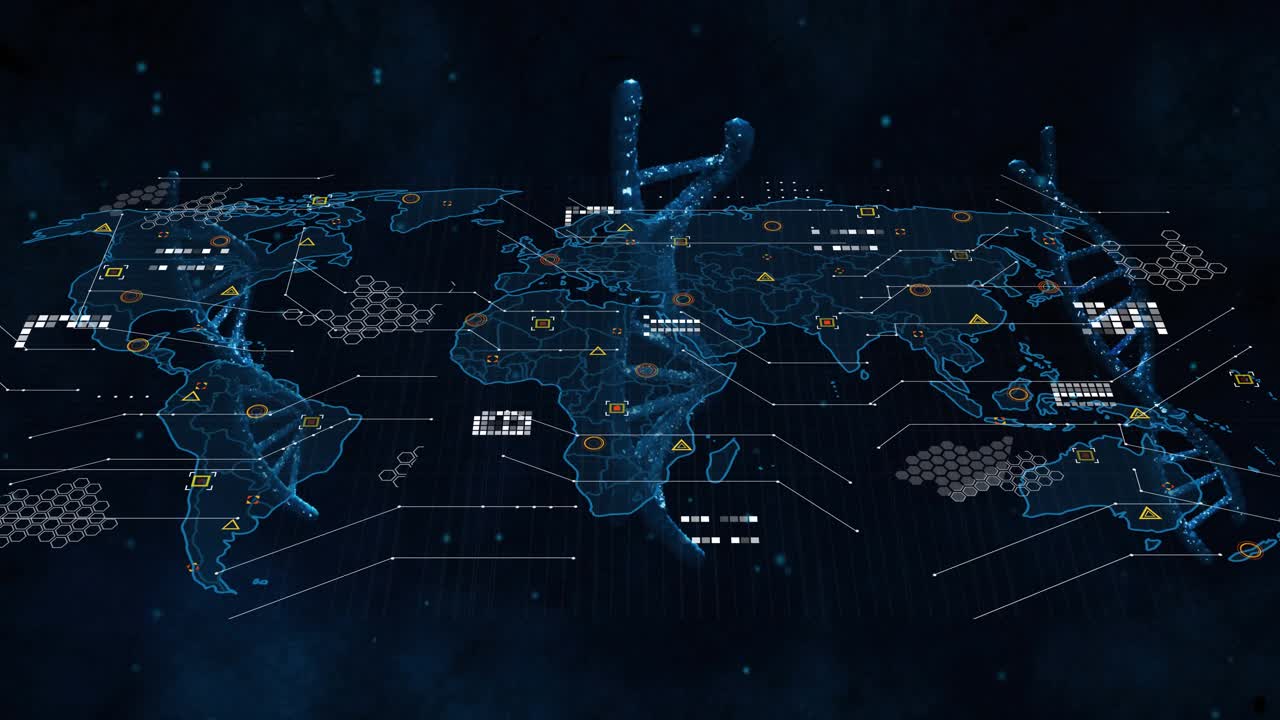At start floating DNA helices rotating shifting forming data nodes on world map visualizing network