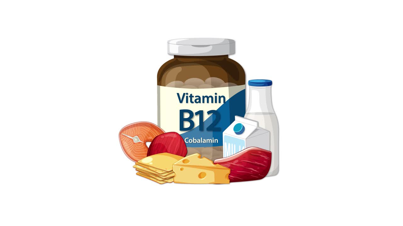 Vitamin B12 bottle appears with milk, cheese, meat, and egg on clean white background