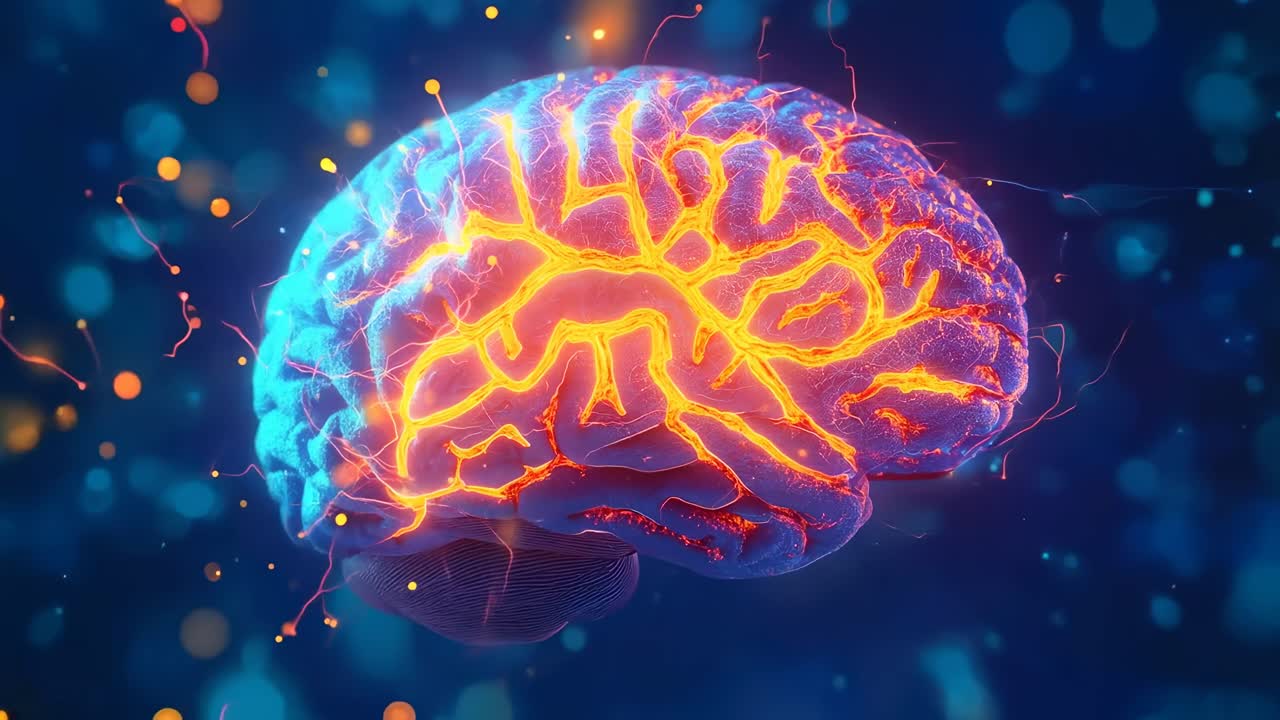 A glowing brain in a digital style, captured from a side angle