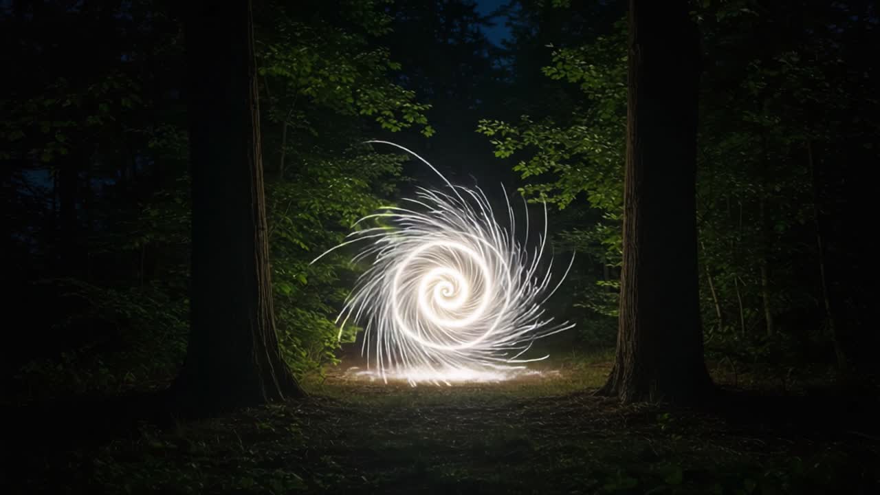 A mesmerizing interplay of light and nature, captured in a dark forest, showcasing a dazzling spiral light pattern that draws the eye into its enchanting depths