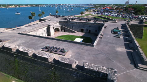 Aerial-view-around-the-inside-of-the-Castillo-De-San-Marcos,-in-sunny-St