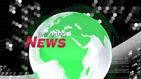 animation of breaking news text over globe on black background