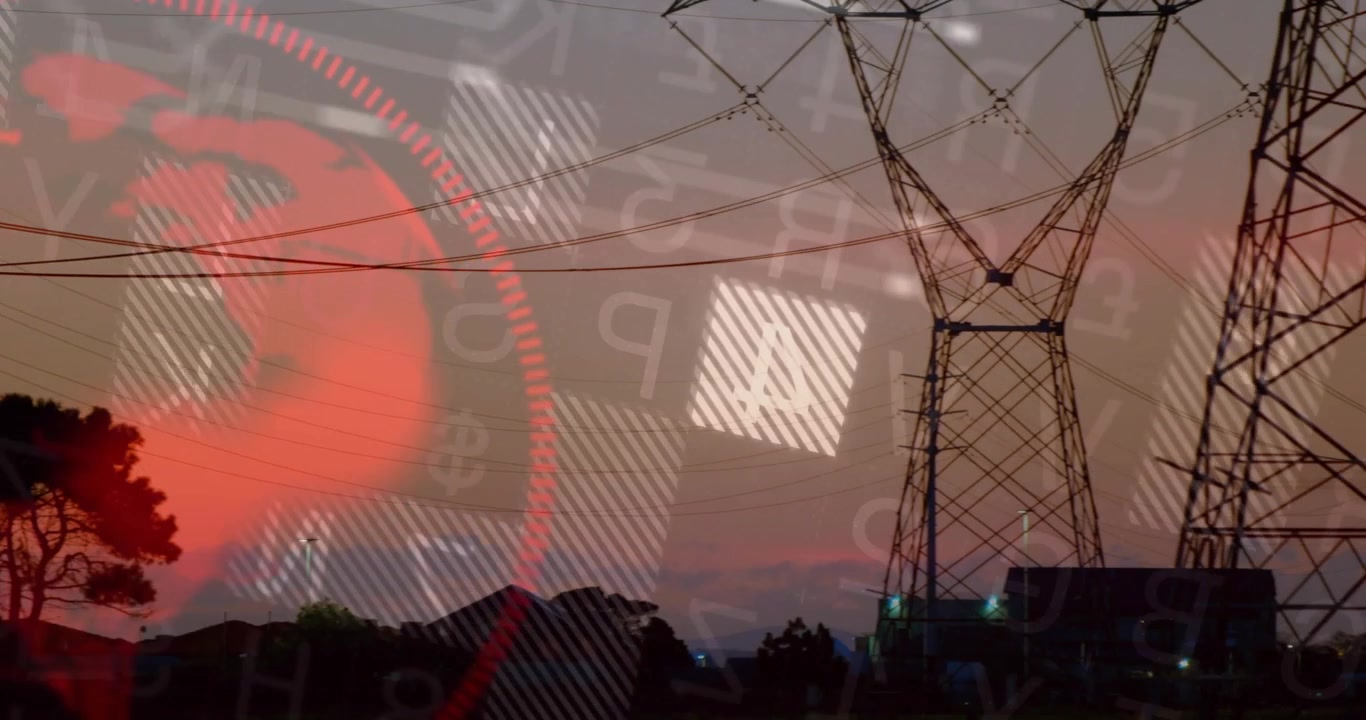 Linhas de Alta Tensão com Sobreposição de Dados Digitais ao Pôr do Sol