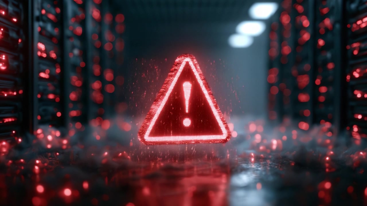 A Red Alert Sign Illuminates a Data Center: The Glowing Warning Symbol Highlights Potential Threats and Issues in a Digital Environment