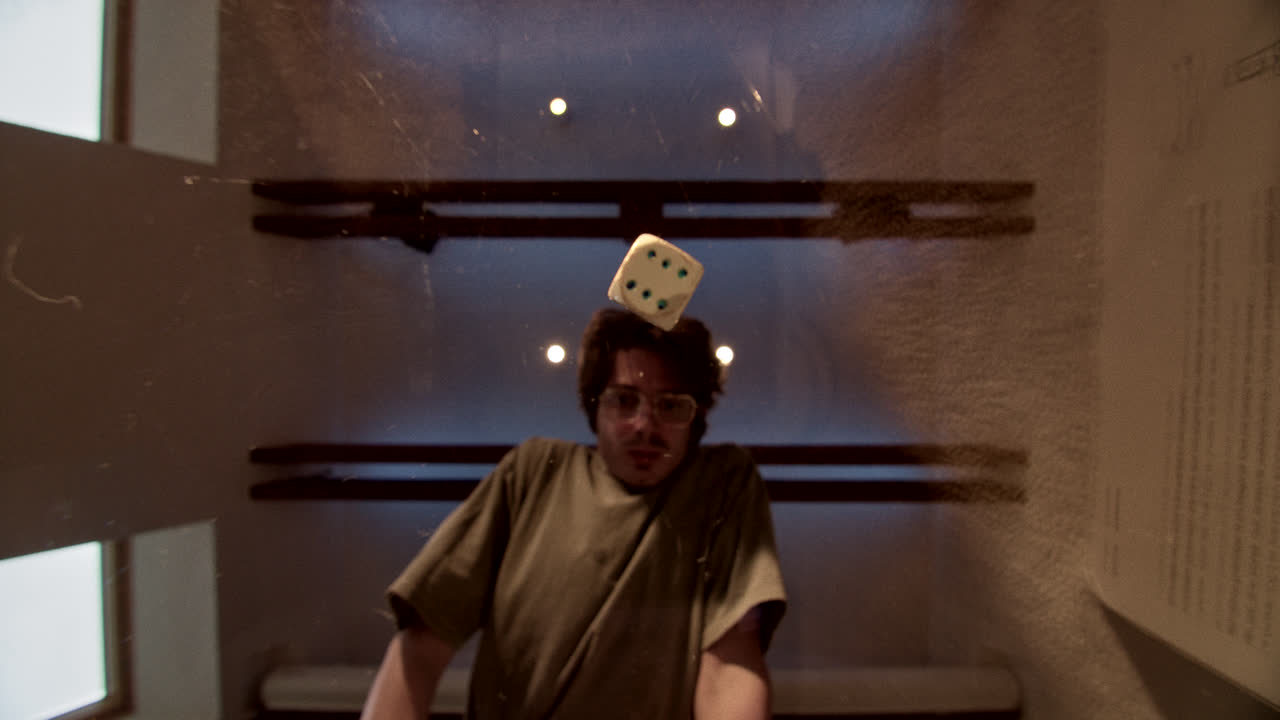 A dice falling and landing on a man's head