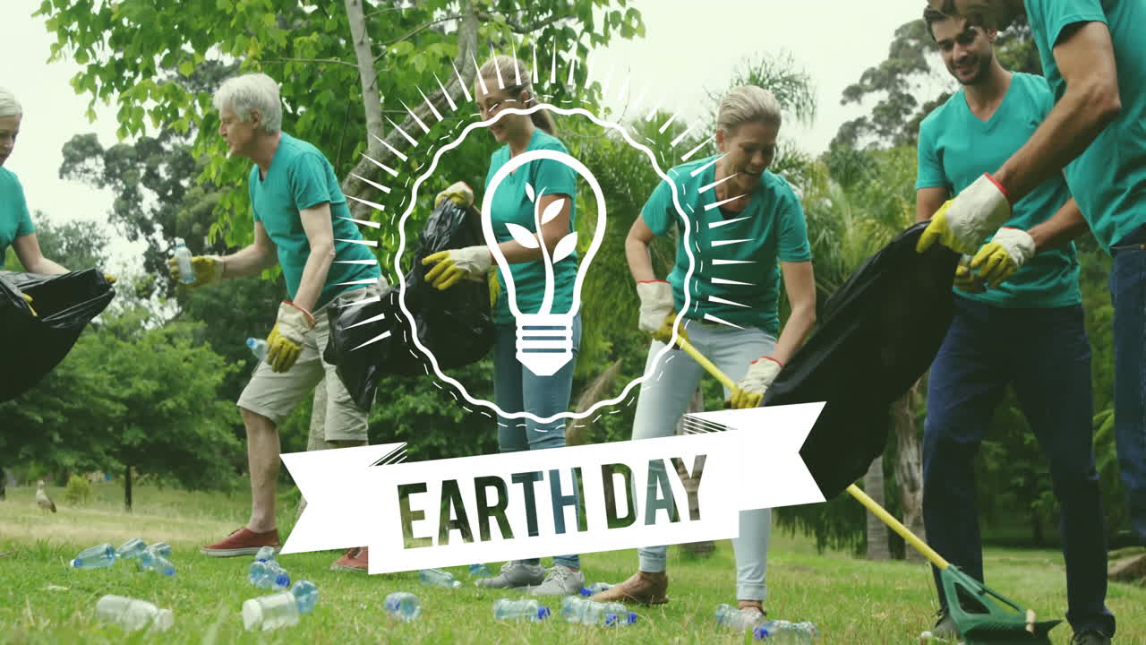 Cleaning up litter in park, people celebrating Earth Day animation over scene