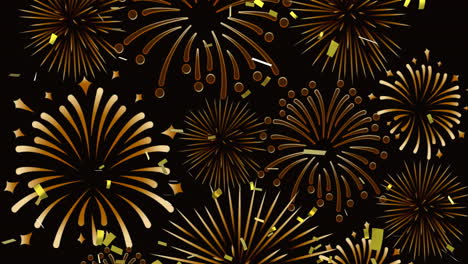 Animation of gold confetti over gold christmas and new year fireworks on black background
