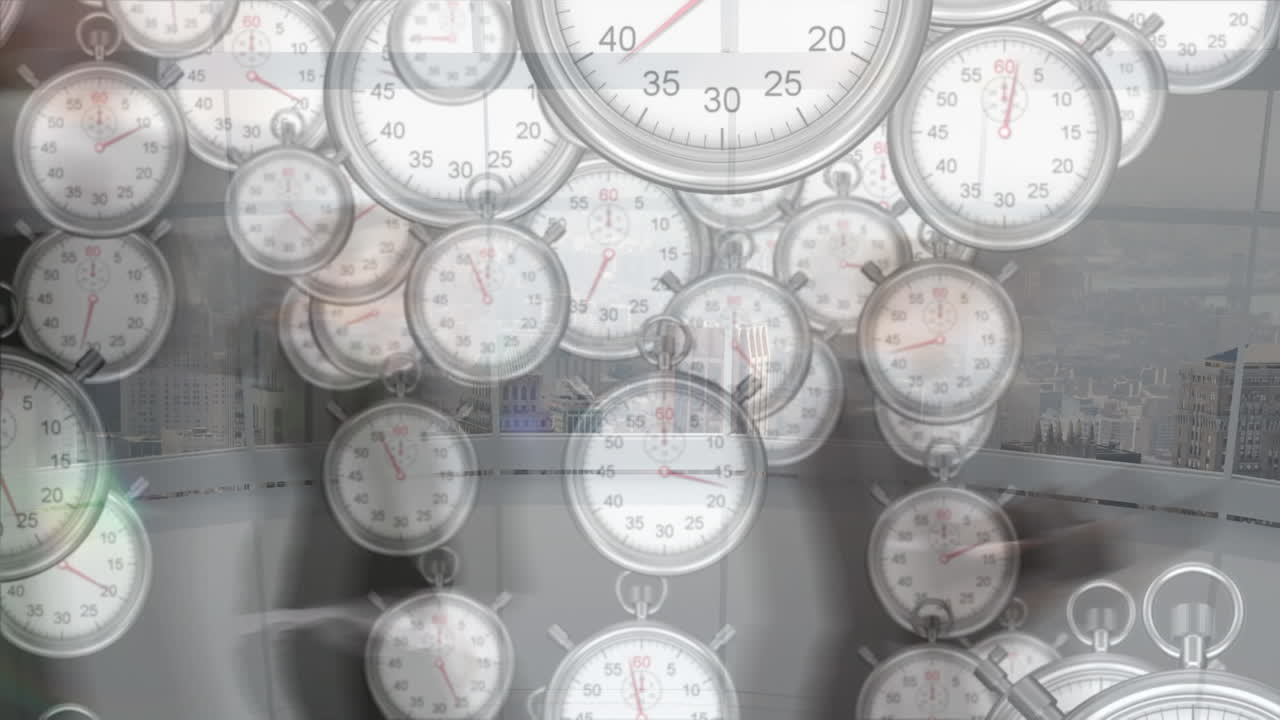 Animation of multiple stopwatches falling against time-lapse of businesspeople walking at office