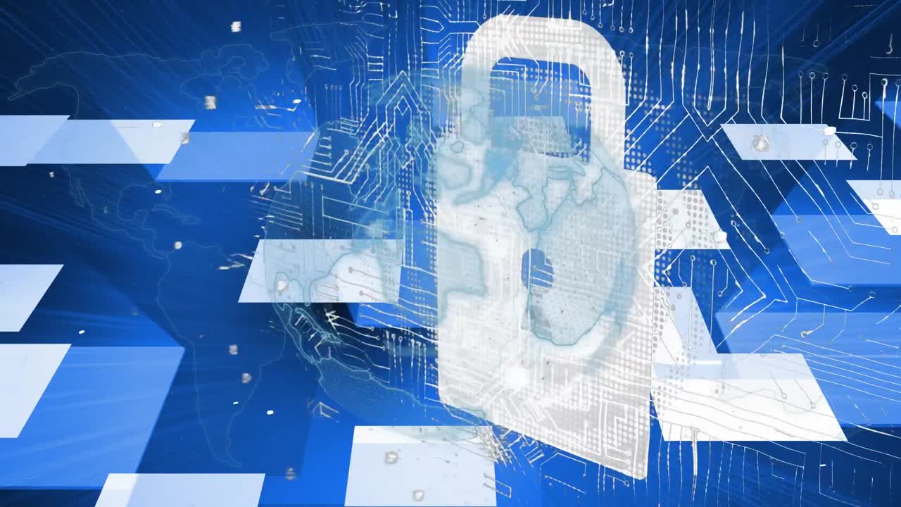 animación del globo giratorio con placa base brillante, candado y datos en azul