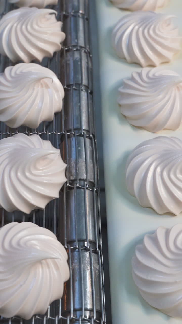 White sweet marshmallow moves on an automatic conveyor belt in a candy factory. Sweets production. Metal mechanism. Vertical video
