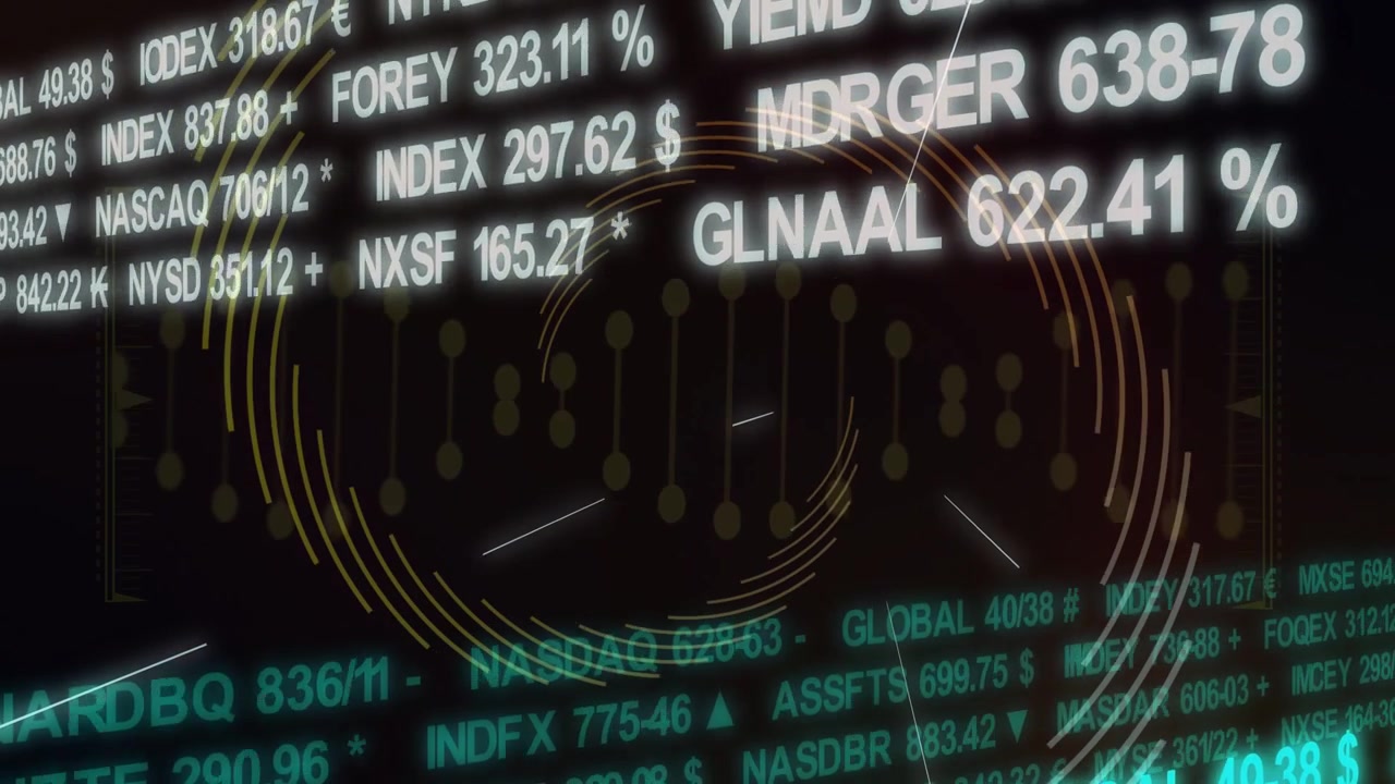Cyan ticker flashing, rings rotating and syncing with scrolling market data, showing live HUD