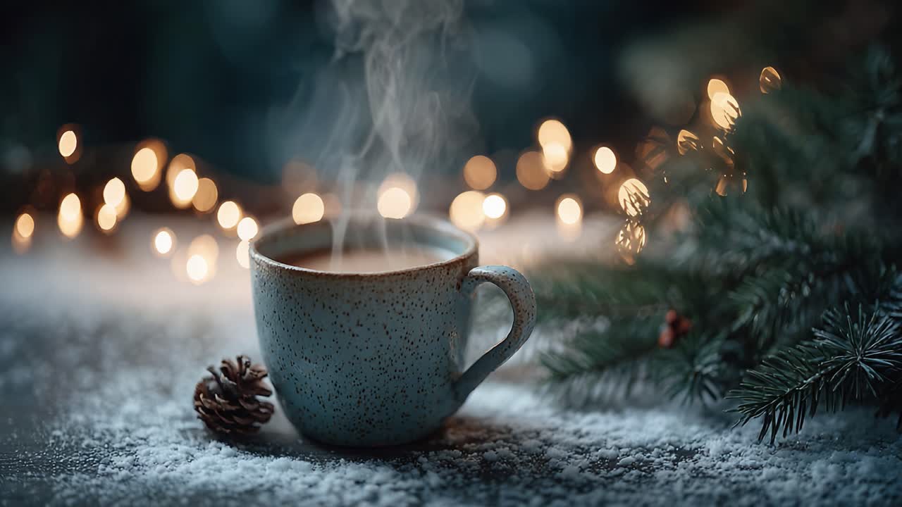 A Cozy Cup of Warmth: Enjoying a Steaming Drink Surrounded by Twinkling Lights and Festive Decor for a Perfect Winter Atmosphere