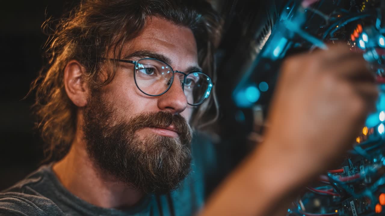 An Intense Focus on Engineering: A Skilled Technician Working on Complex Circuitry in a Low-Light Environment, Enhancing Electronic Systems with Precision and Care