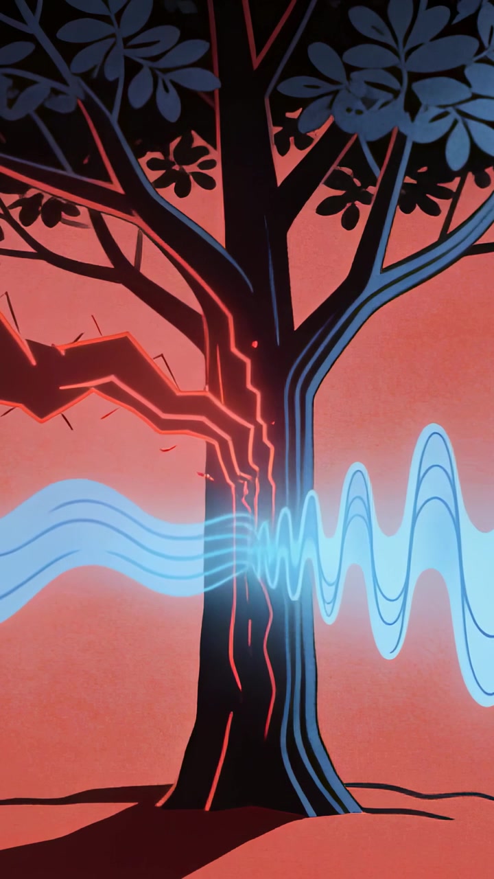 Video verticale: Onda blu che entra da sinistra, colpendo un tronco d'albero in un cielo rosso e facendo pulsare le crepe.