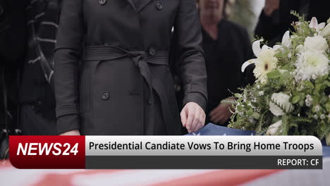 news, broadcast and woman at funeral of soldier