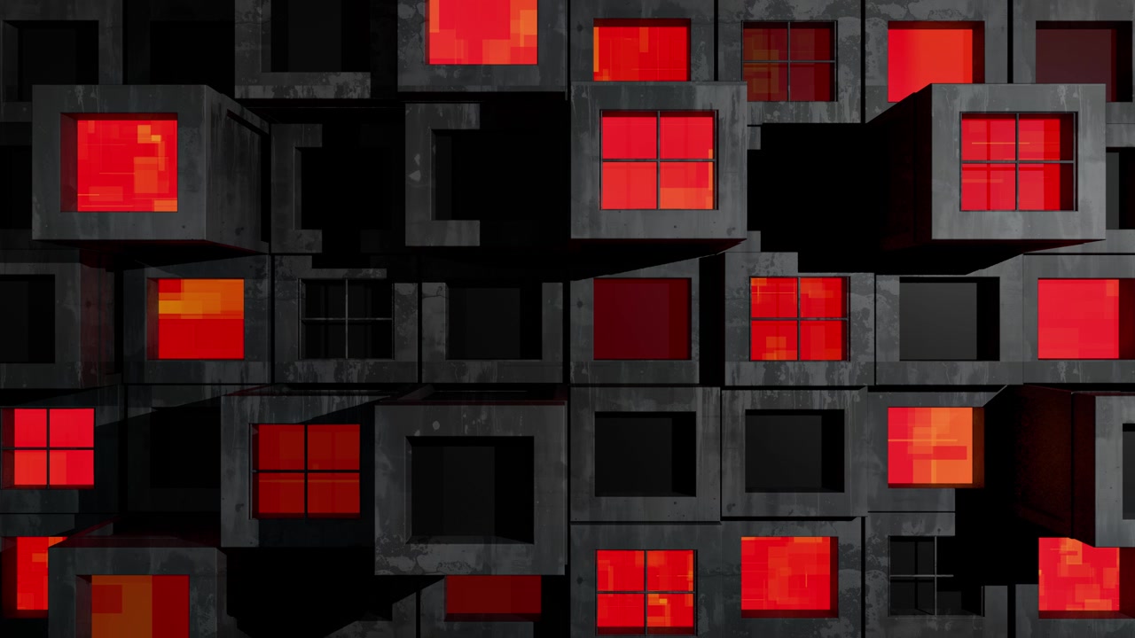 Abstract Industrial Architecture with Glowing Red Windows