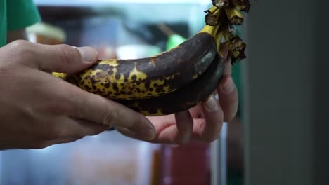 male hands holding pieces of overripe bananas with dark spots