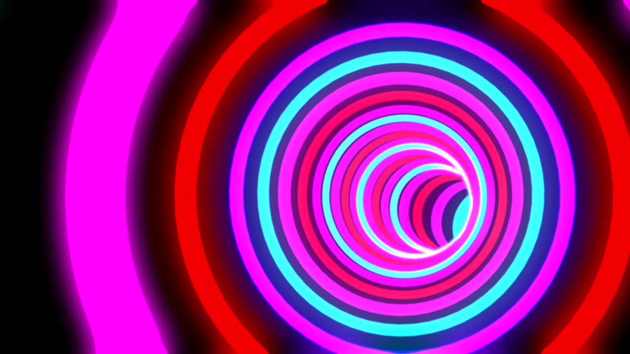추상적인 소용돌이 터널: 은, 분홍색, 파란색 네온 원과 함께 빛나는 끝없는 구 3d 렌더링 비디오: 미래의 둥근 루프 영상, 다채로운 초현실적인 통로, sf 포털