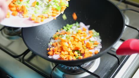 sauteing fresh chopped vegetables in wok pan. slowmo