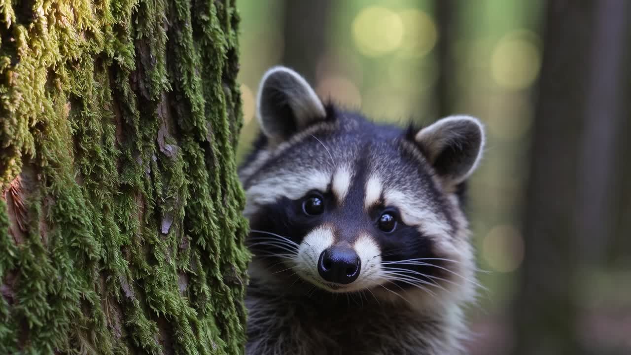 A curious raccoon peeks from behind a mossy tree in a forest. Captured at eye level, the video
