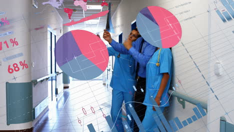animation of infographic interface over diverse doctors discussing patients reports in corridor