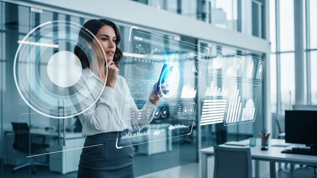 A Businesswoman Engages with Interactive Data Displays in a Modern Office Environment, Utilizing Advanced Technology for Effective Decision-Making and Presentation