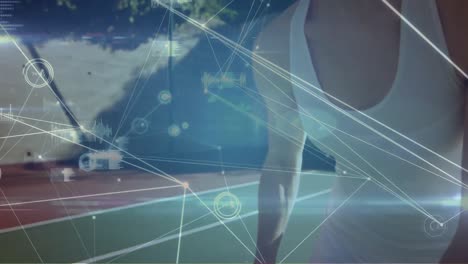 animation of network of connections with data processing over caucasian woman playing tennis