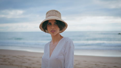 romantic model walking seashore alone closeup. beautiful tourist enjoy summer