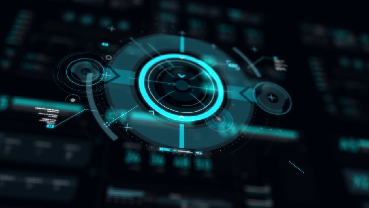 Futuristic user interface HUD GUI digital text number element for cyber technology concept with shallow depth of field dark and grain processed