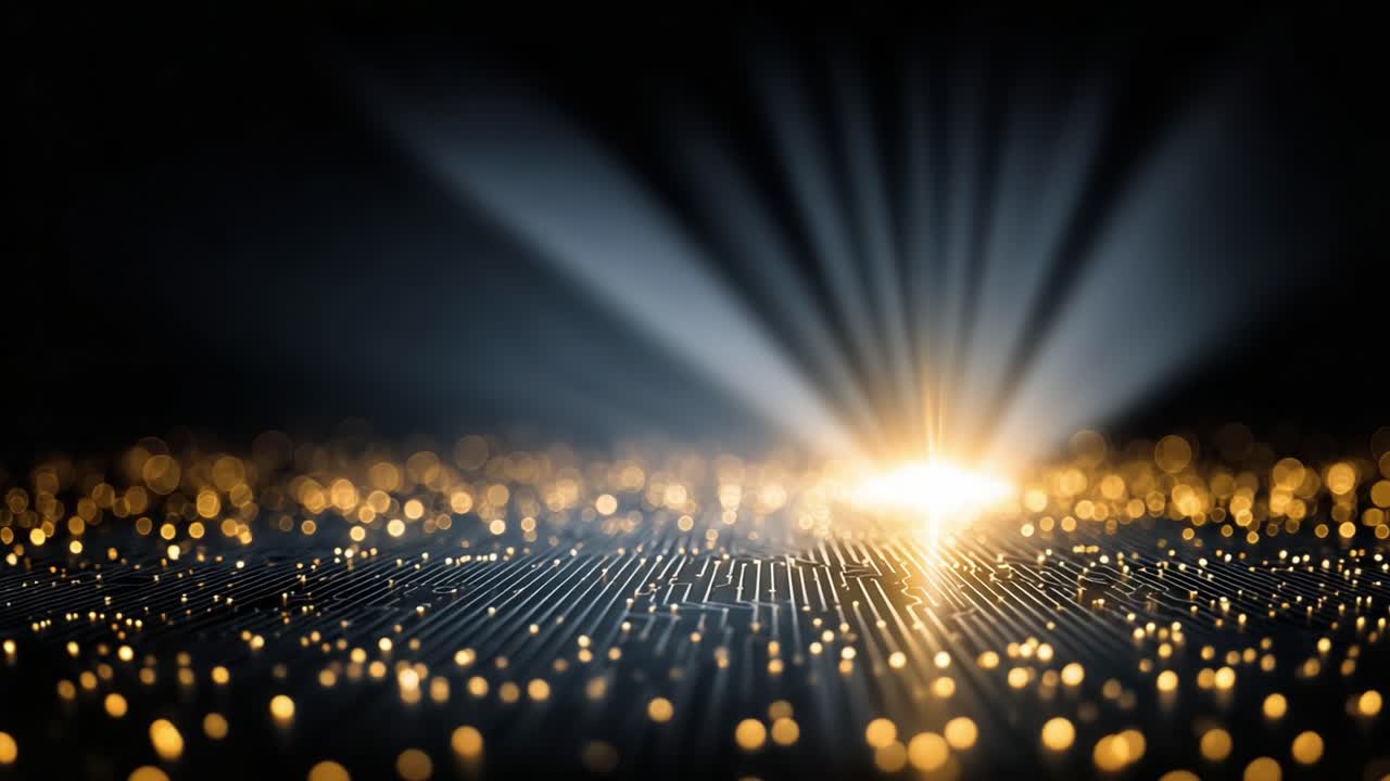 Un'affascinante rappresentazione di luce e particelle: una rappresentazione artistica della tecnologia digitale con raggi luminosi e accenti scintillanti su uno sfondo scuro