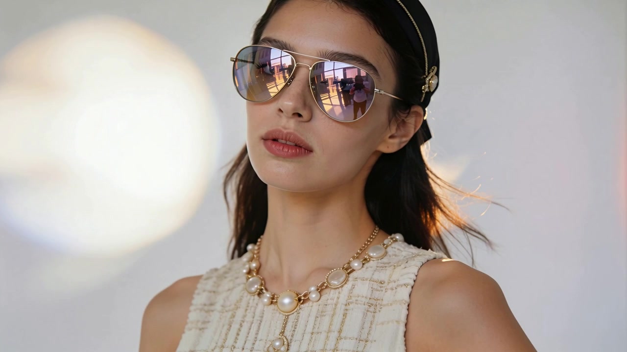 Modella in posa che si inclina e si gira, con un ventilatore da studio che le muove i capelli, indossando occhiali da aviatore, perle e una fascia per capelli per un servizio fotografico.