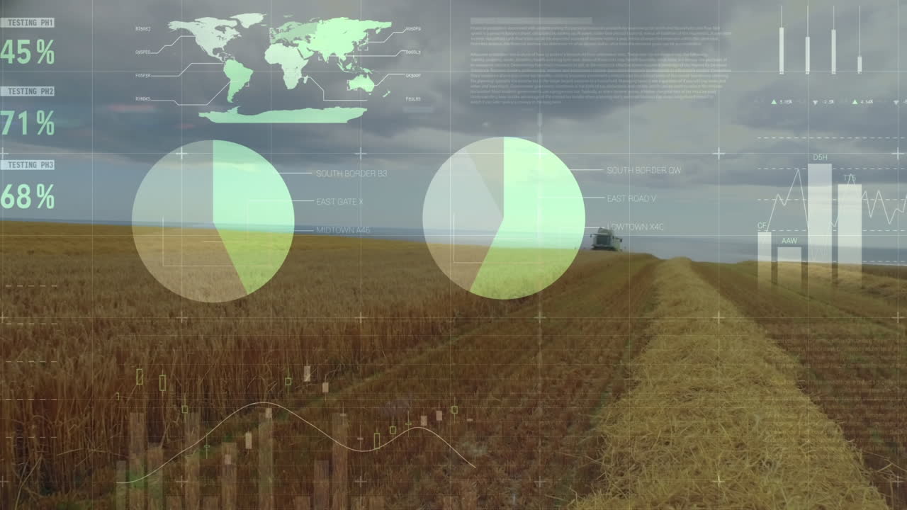 농장  ⁇ 에서 작동하는 트랙터에서 통계 데이터 처리의 애니메이션