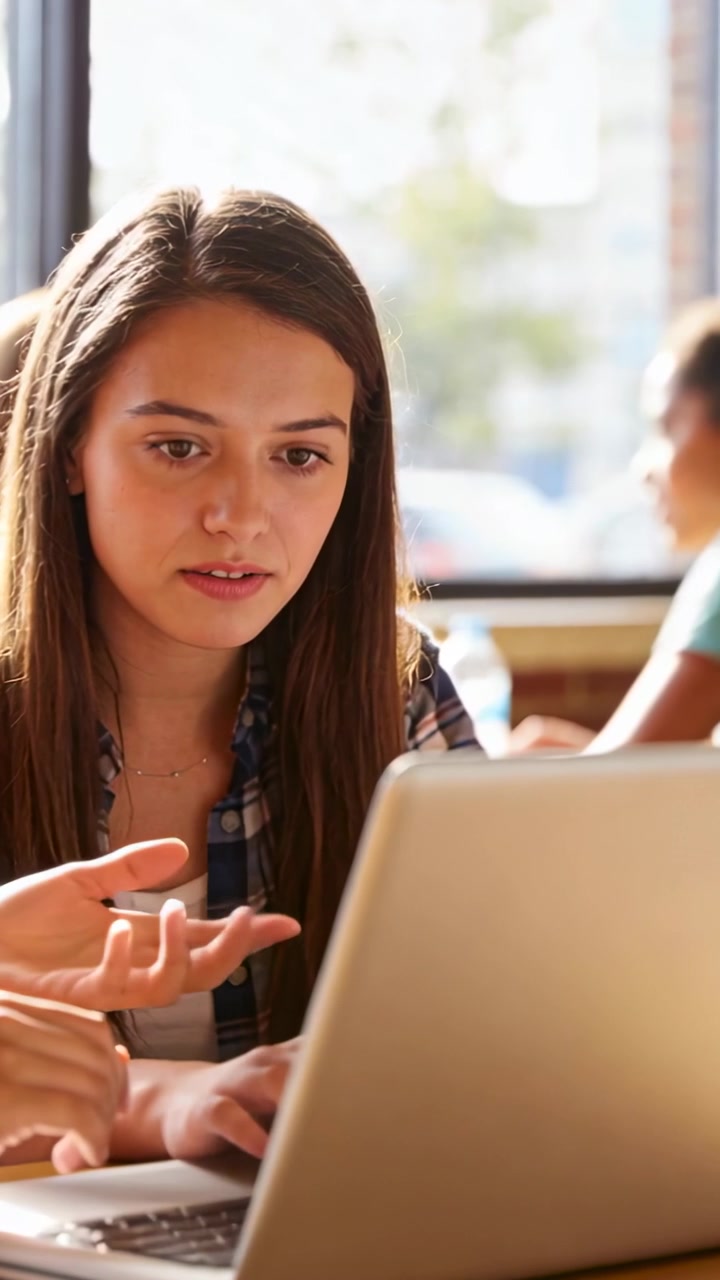 Studentessa che digita al portatile alla finestra, un'altra persona che batte sui tasti creando note animate per lo studio
