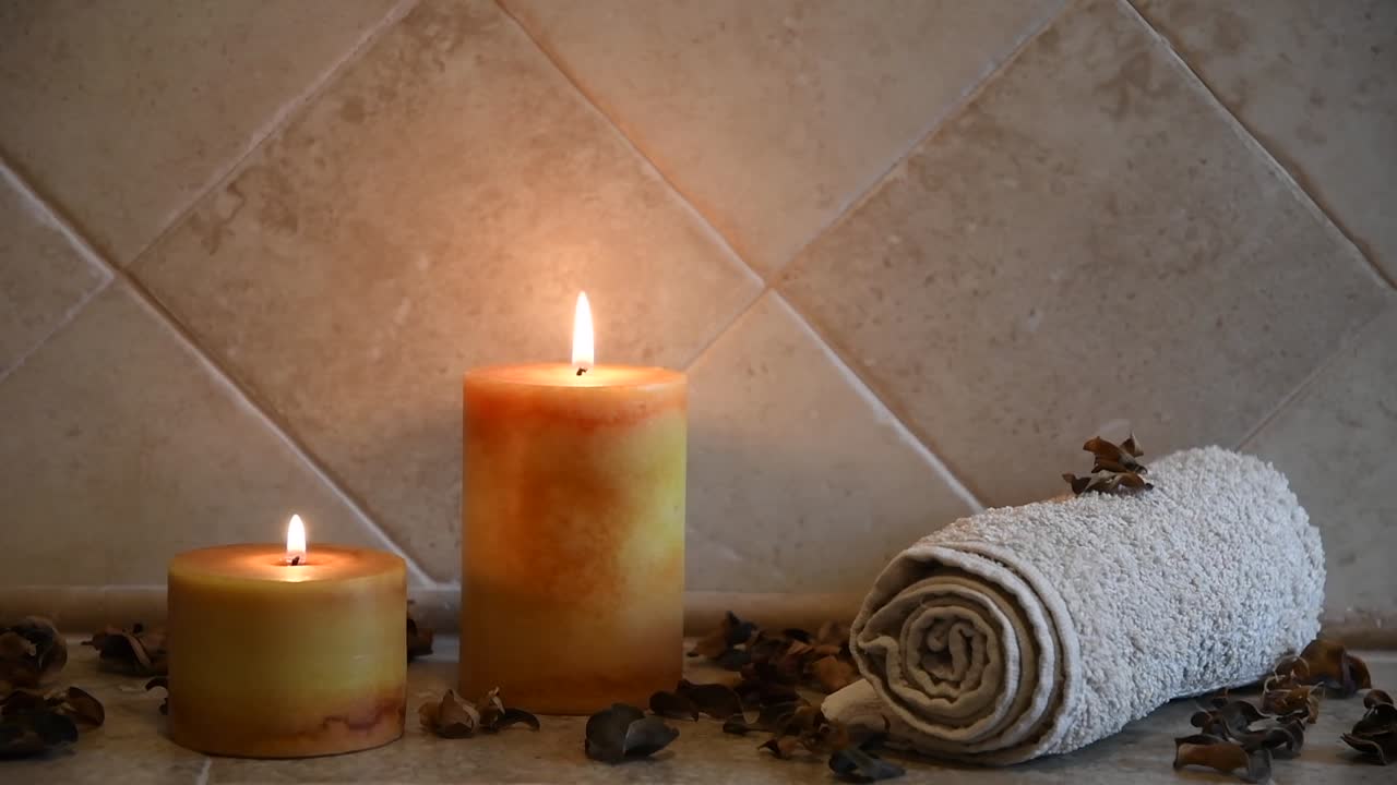 깜박이는 불꽃, 일부 나무 꽃잎, 수건이 있는 편안한 스파 배경