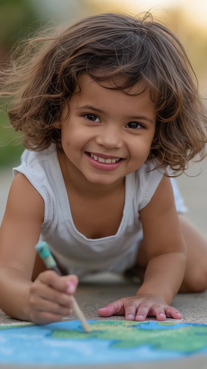 Vertical video: Spotting pastel pad child wearing white top tracing shapes on patio for fun