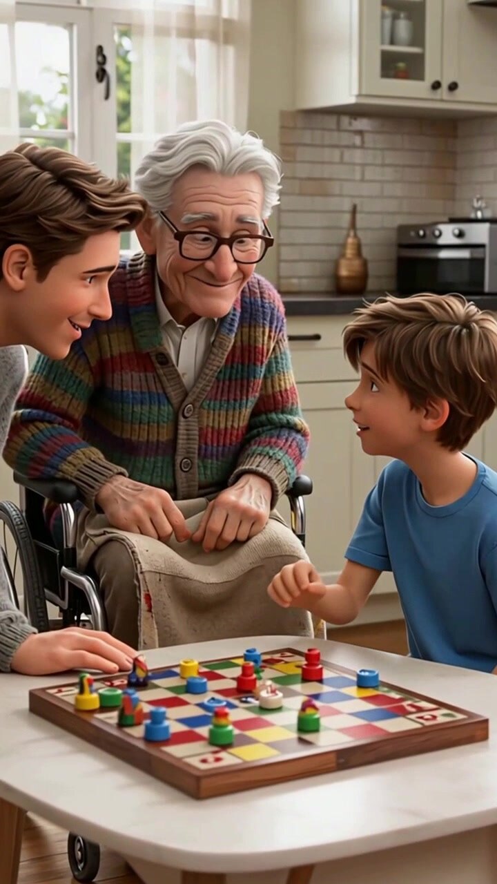Nonno in sedia a rotelle che gioca a un gioco da tavolo con i nipoti