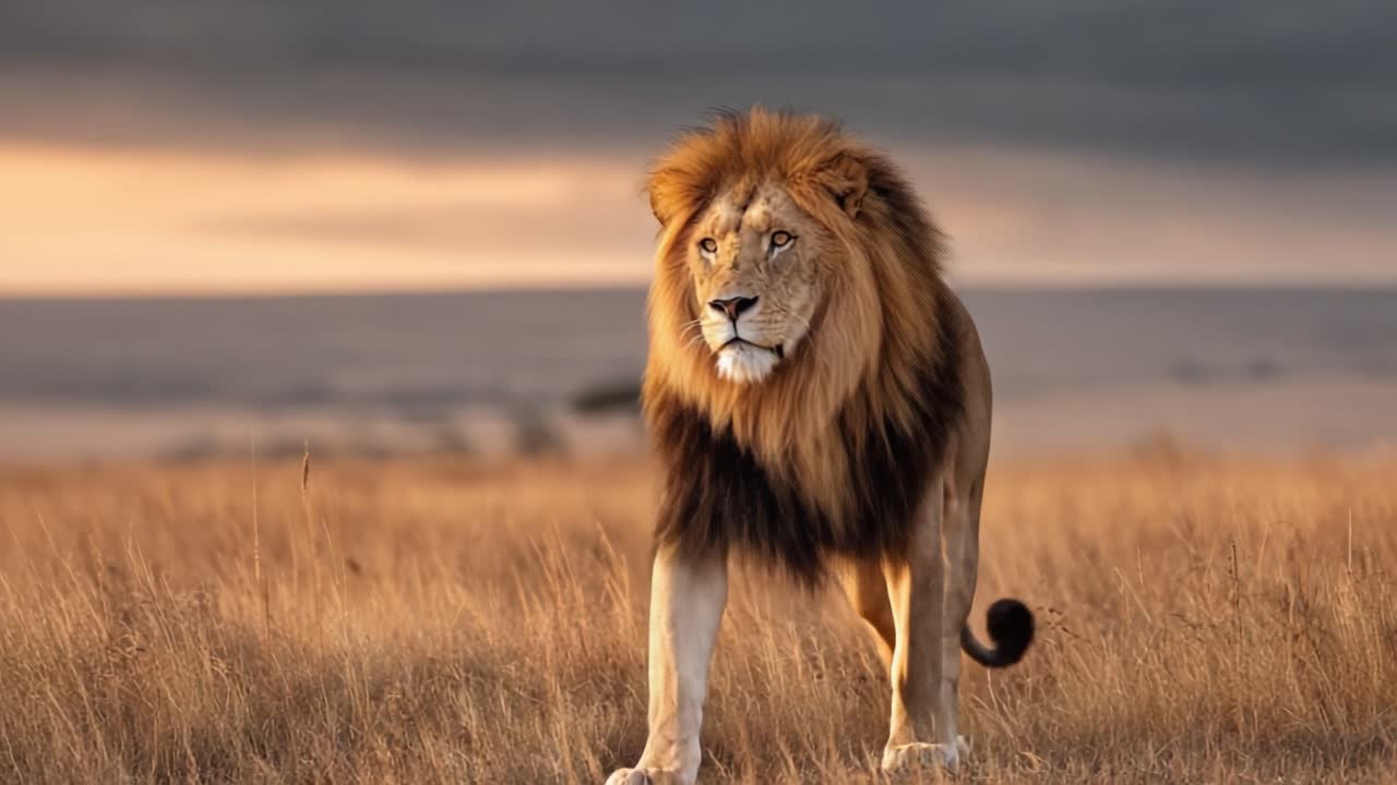Majestic Lion Roaming the Savanna at Sunset: A Stunning Display of Nature's Grandeur Captured in Two Frames