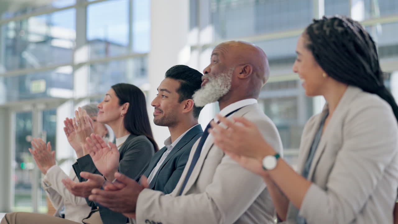 Crowd, business people and applause in workshop