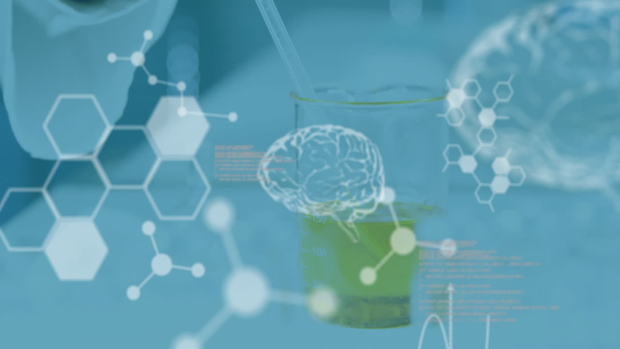 Animation of scientific data processing and human brains over scientist in laboratory