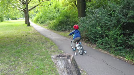 little boy wearing red protective helmet riding on a bicycle on a narrow path through the public park in summer