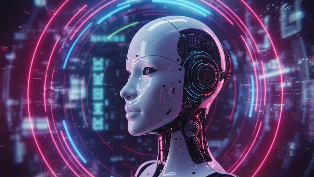 A Futuristic Robotic Head Showcasing Advanced AI Technology Surrounded by Neon Circles and Digital Data, Capturing the Essence of Modern Cybernetics