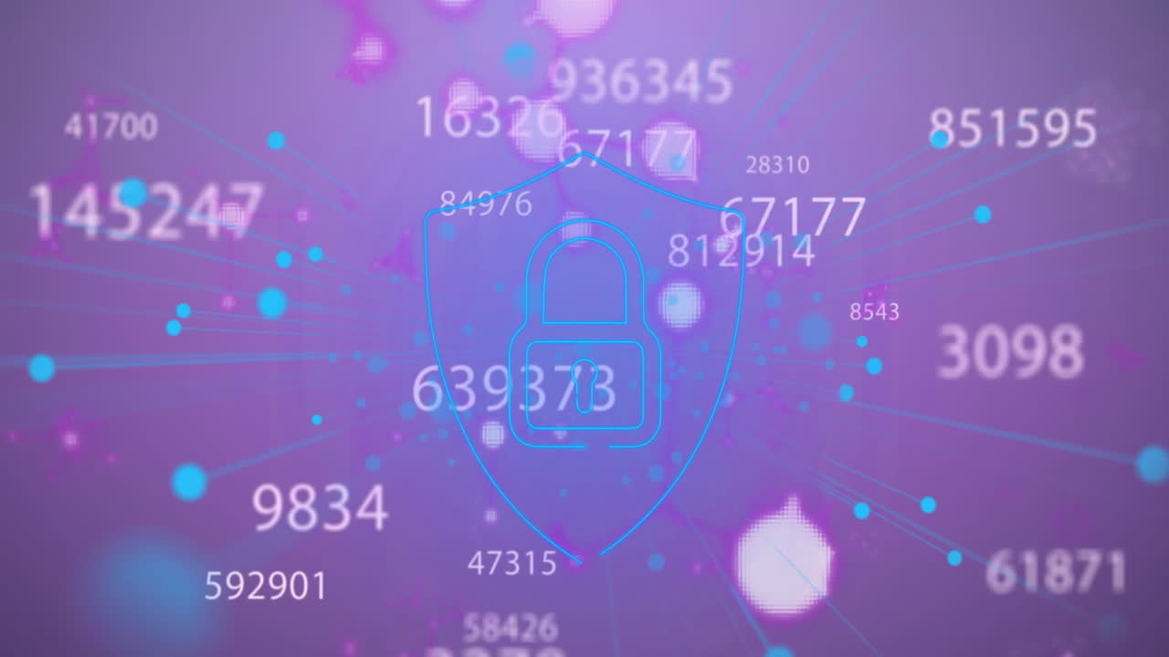 여러 번 바뀌는 번호와 보라색 배경에 대한 보안 잠금 아이콘의 애니메이션